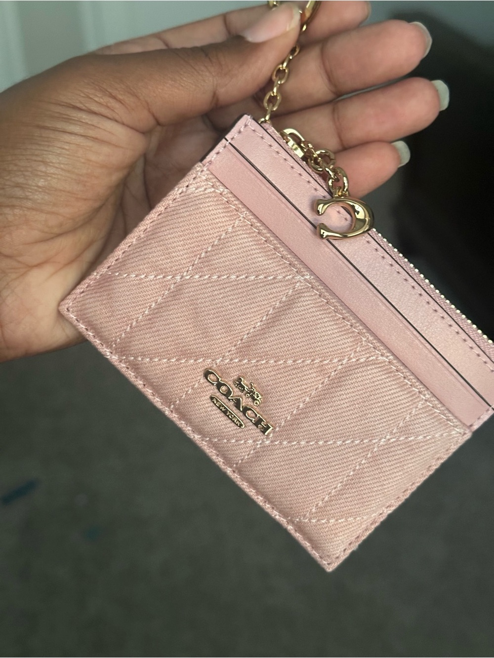 Coach Quilted Pink Denim Card Holder with Chain NWT